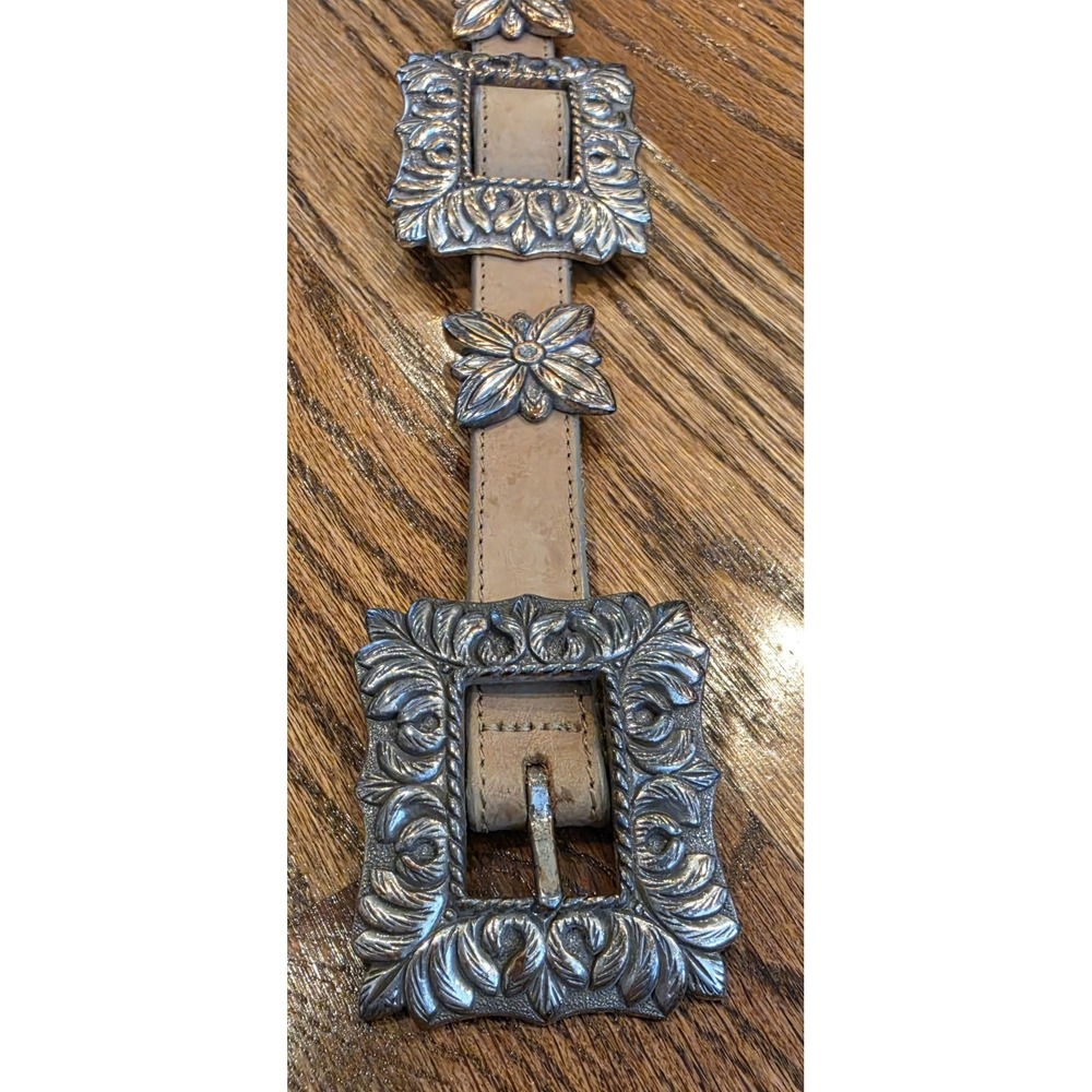 Brighton Beige Leather Belt with Ornate Silver Buckles
